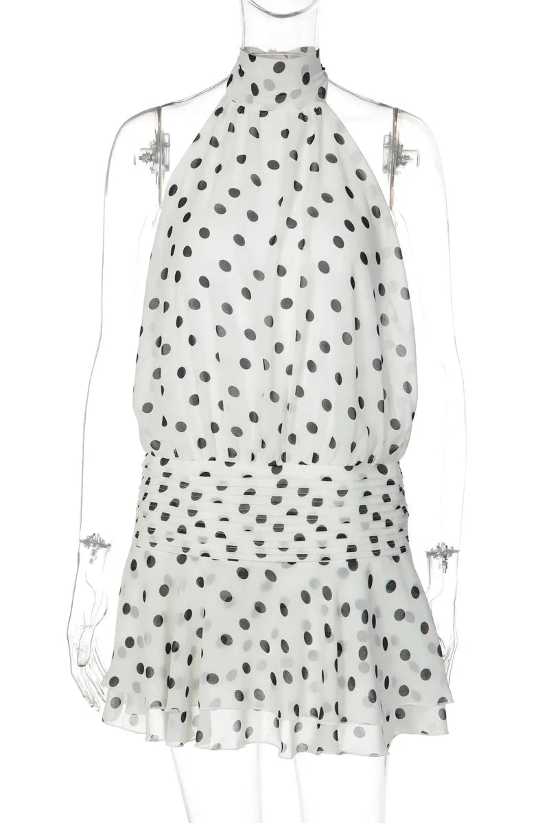 Glorol - Polka Dot Print Tie Backless A-Line Slim Mini Dress