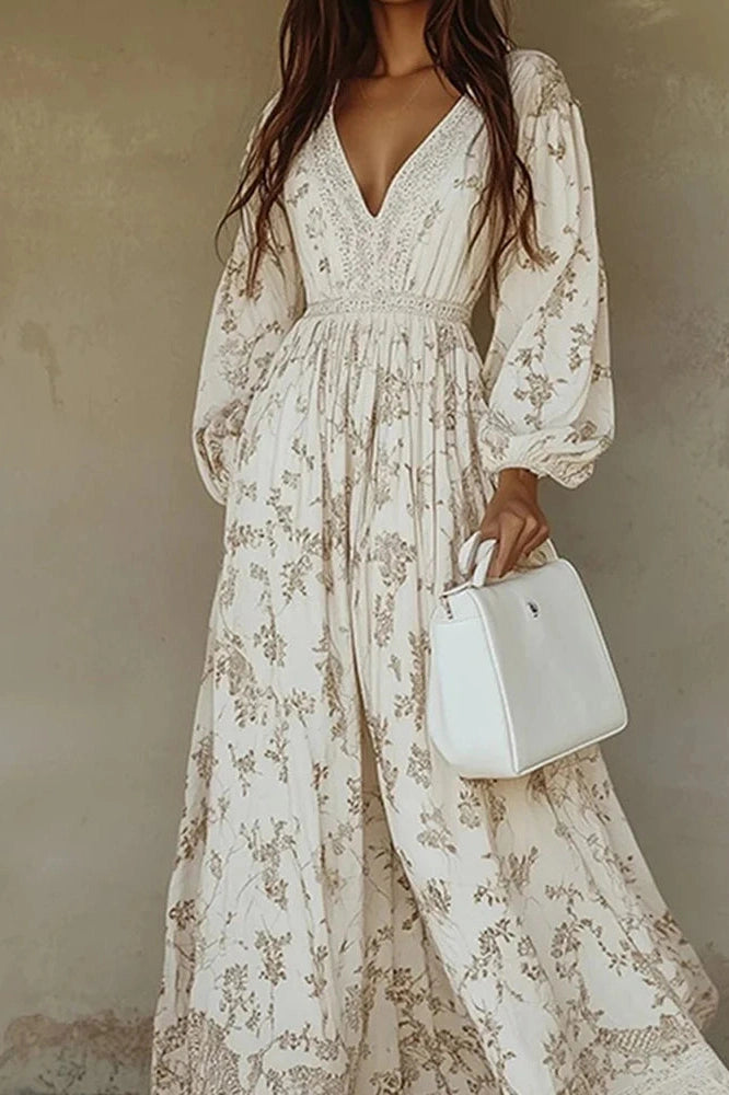 Glorol - Elegant Long Sleeve Lace V-Neck Printed Maxi Dress