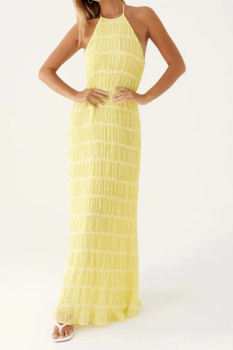 Glorol - Backless Lace-up Sleeveless Pleated Maxi Dress