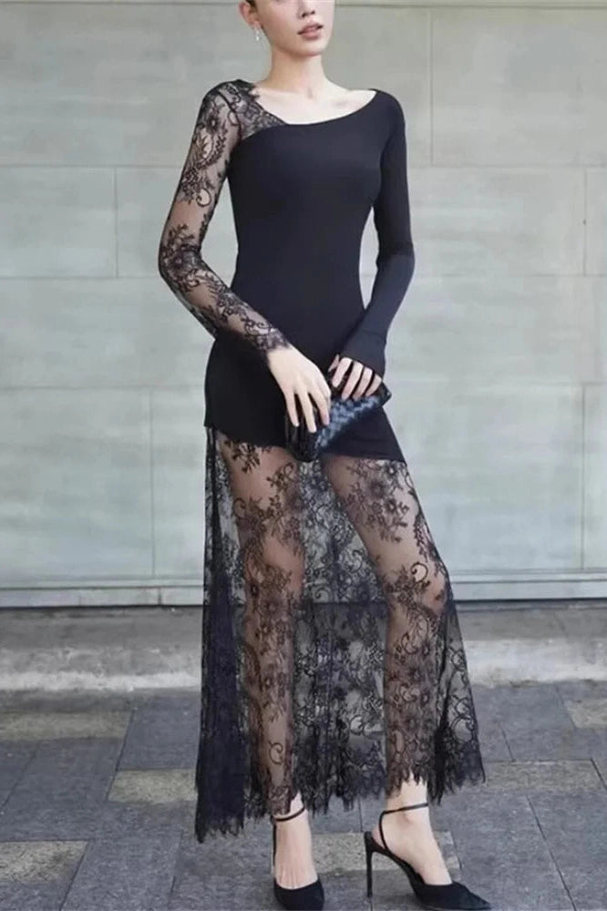 Glorol - Lace Printed See-Through Long Sleeve Maxi Dress