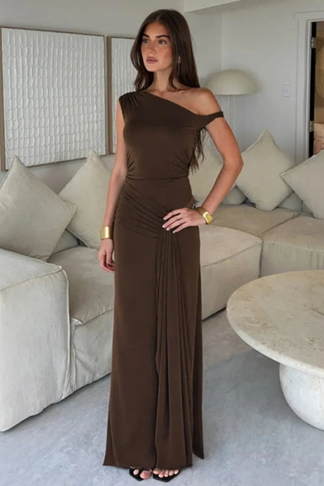 Glorol - One Shoulder Slim Sleeveless Patchwork Pleated Maxi Dress