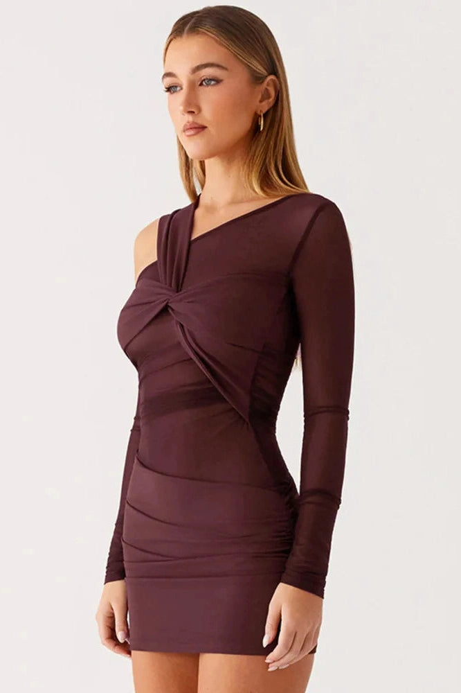 Glorol - Inclined Shoulder Long Sleeve See Through Backless Mini Dress