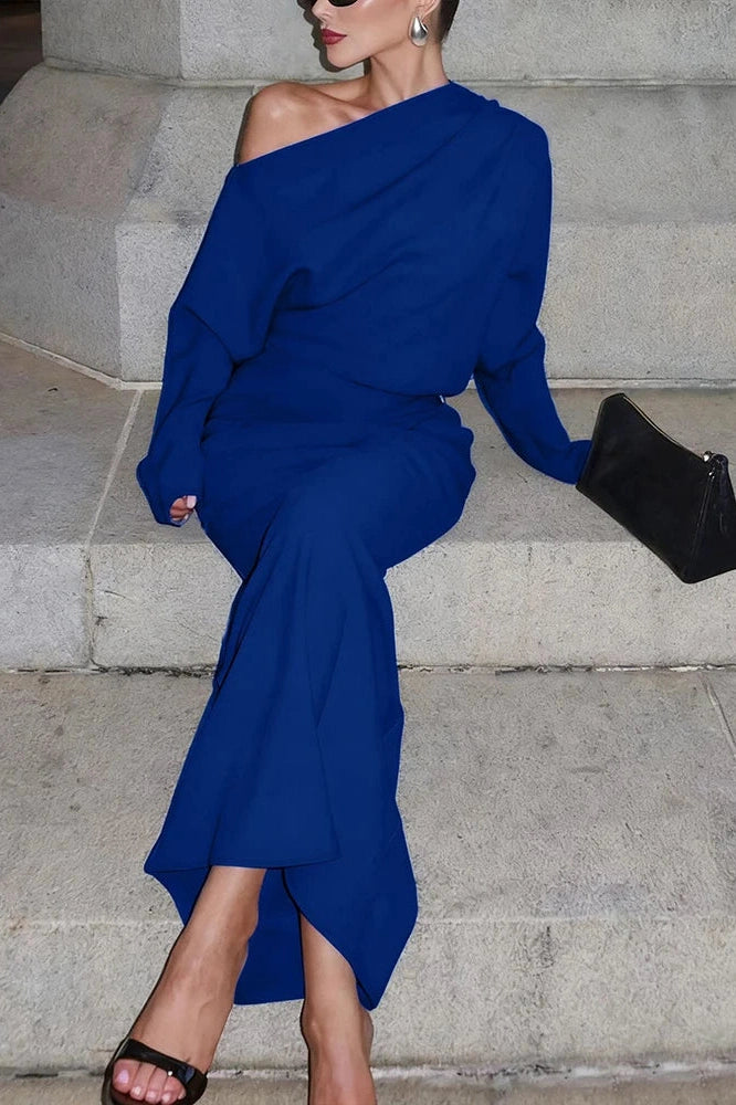 Glorol - Elegant Long Sleeve Slash Collar Maxi Dress