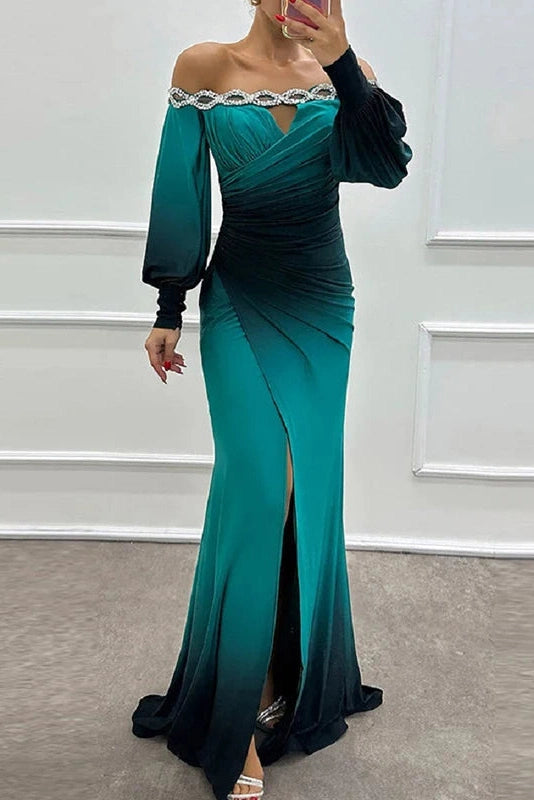 Glorol - Off Shoulder Patchwork High Waist Pleated Slim Sleeves Maxi Dress