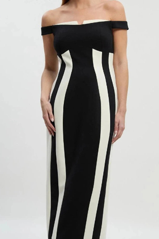 Glorol - Elegant High Waist Sleeveless Slim Slash Collar Midi Dress