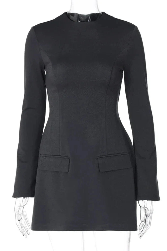 Glorol - Elegant Long Sleeve Slim A-Line High Waist Mini Dress