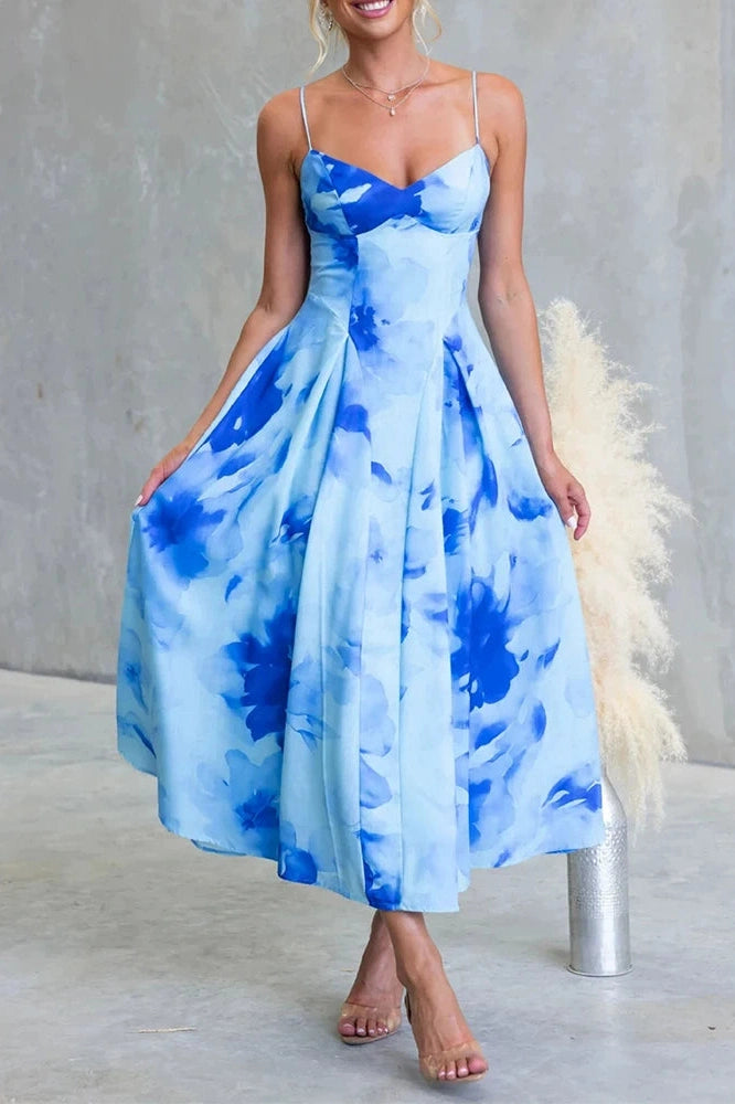 Glorol - Floral Printed High Waist Sleeveless Pleated Midi Dress