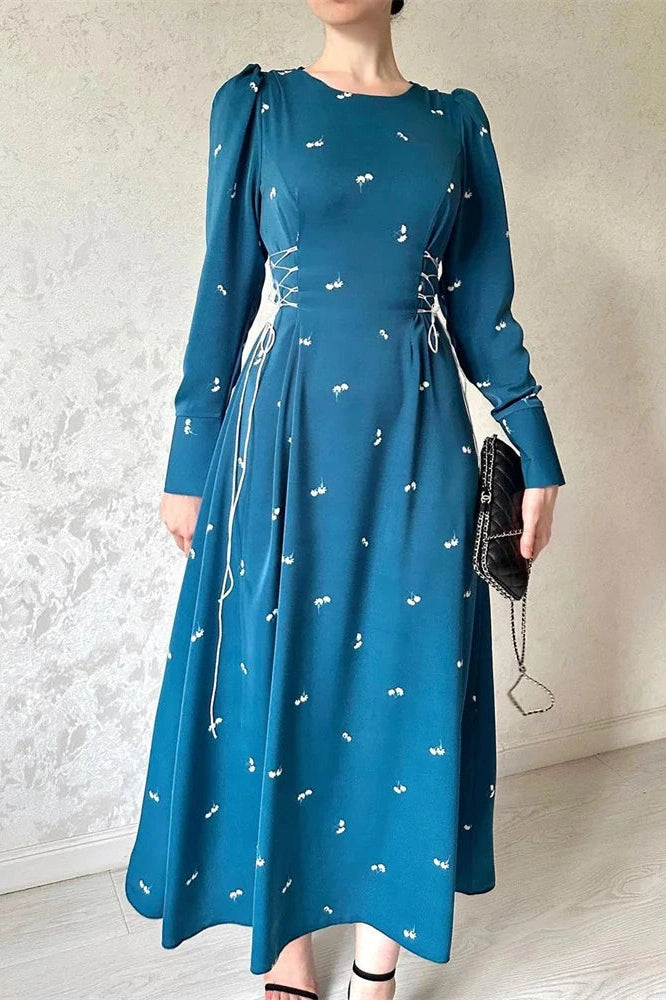 Glorol - Printed Slim Patchwork Lace-Up Long Sleeve Maxi Dress