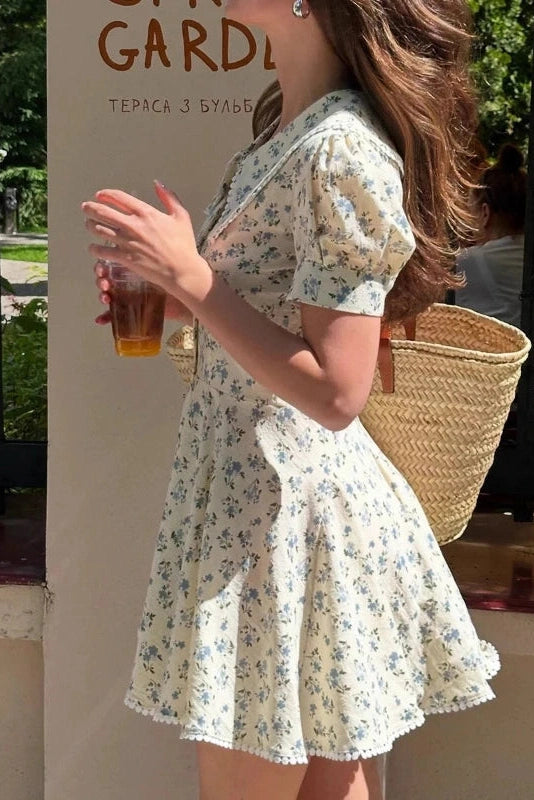 Glorol - Elegant Floral Short-Sleeved Slim Single-Breasted Mini Dress
