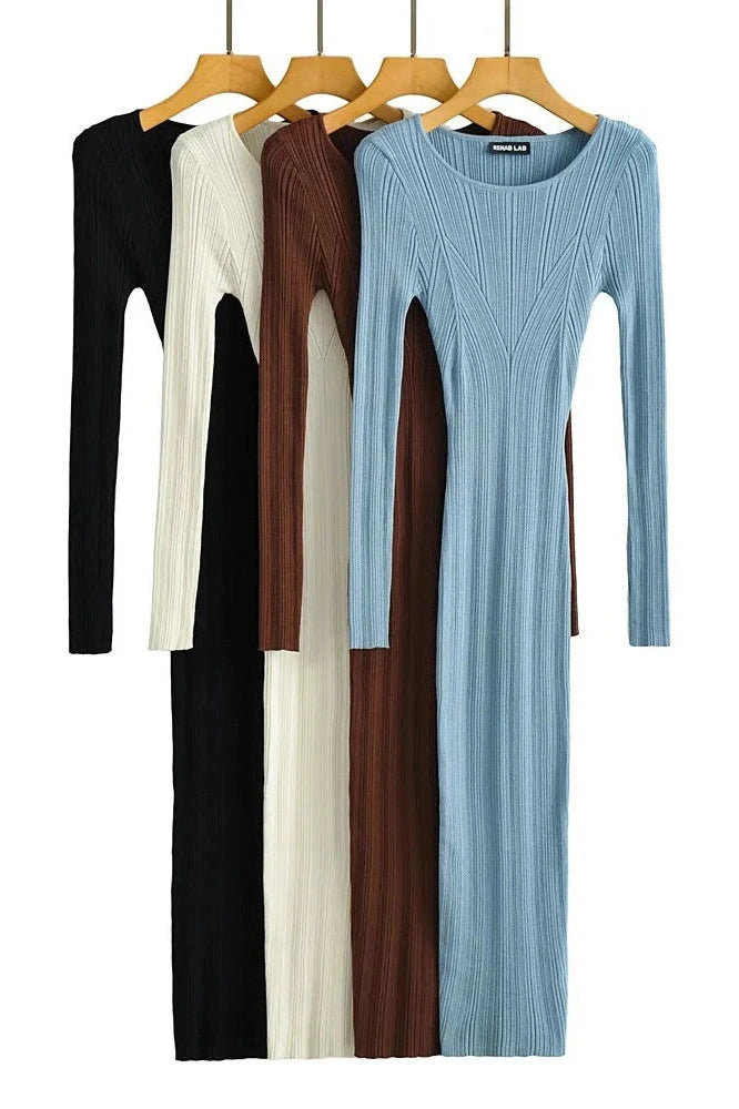 Glorol - Long Sleeve Slim High Waist Patchwork Midi Dress