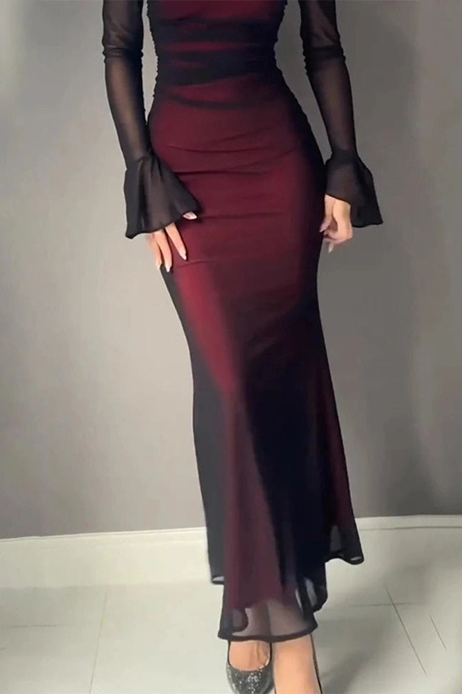 Glorol - Printed Slim Long Sleeve Off Shoulder High Waist Maxi Dress