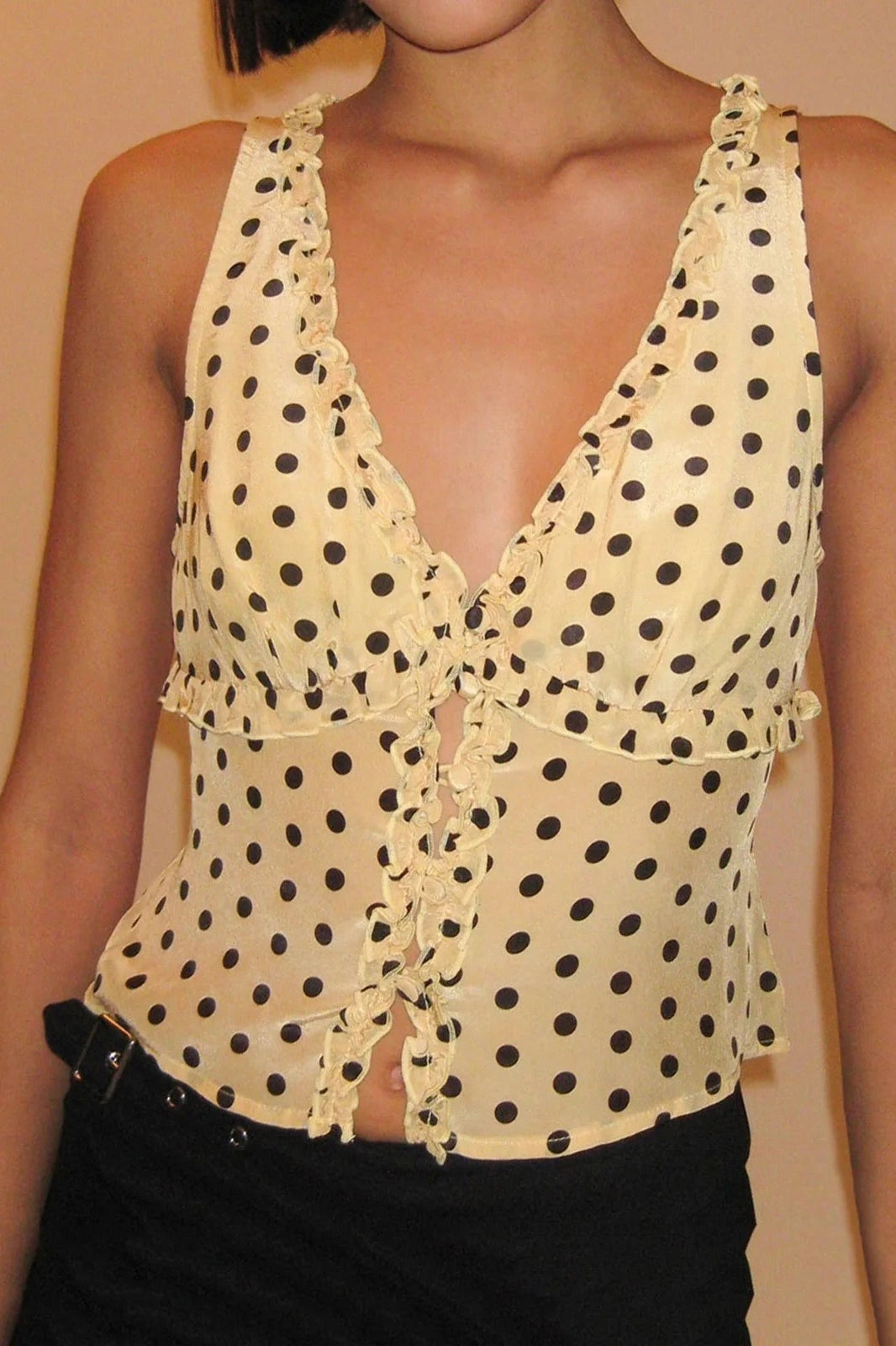 Glorol - Dot Print Deep V-Neck Sleeveless Slim Top