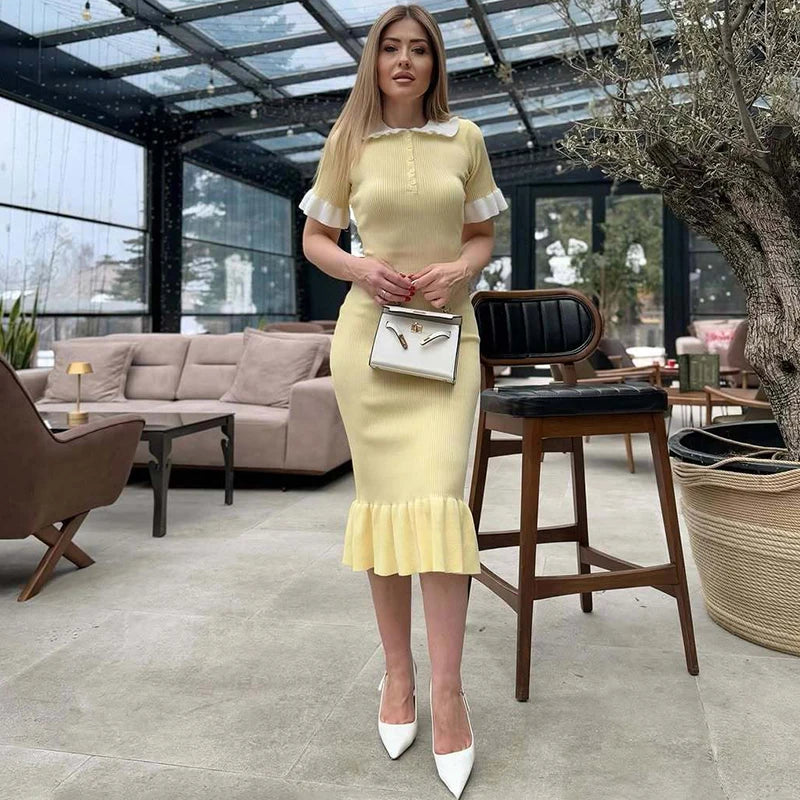 Glorol - Knitted Short Sleeve Slim Midi Dress