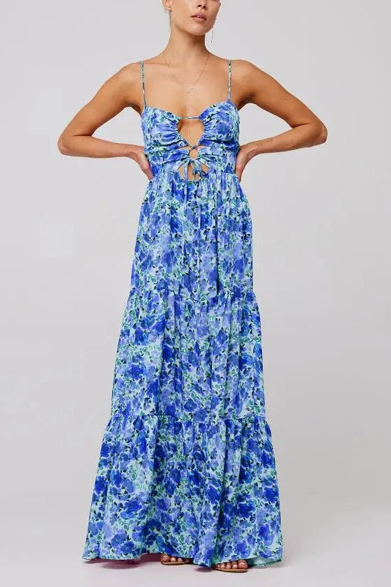 Glorol - Sleeveless Spaghetti Strap Floral Print Maxi Dress
