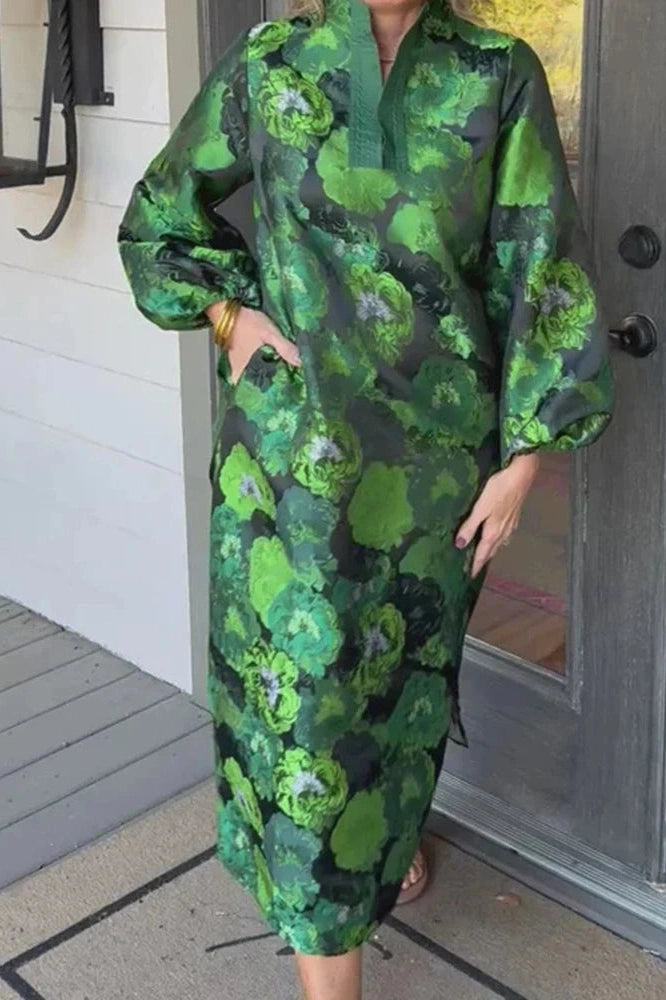 Glorol - Elegant Pocket Floral Printed Long Sleeve Loose Maxi Dress