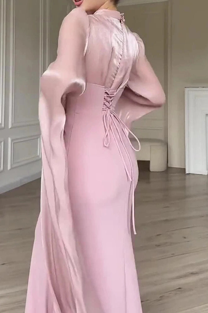 Glorol - Elegant O-Neck Split Sleeve Slim Pleated High Waist Maxi Dress