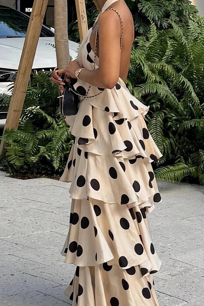Glorol - Elegant Backless Polka Dot Sleeveless Maxi Dress