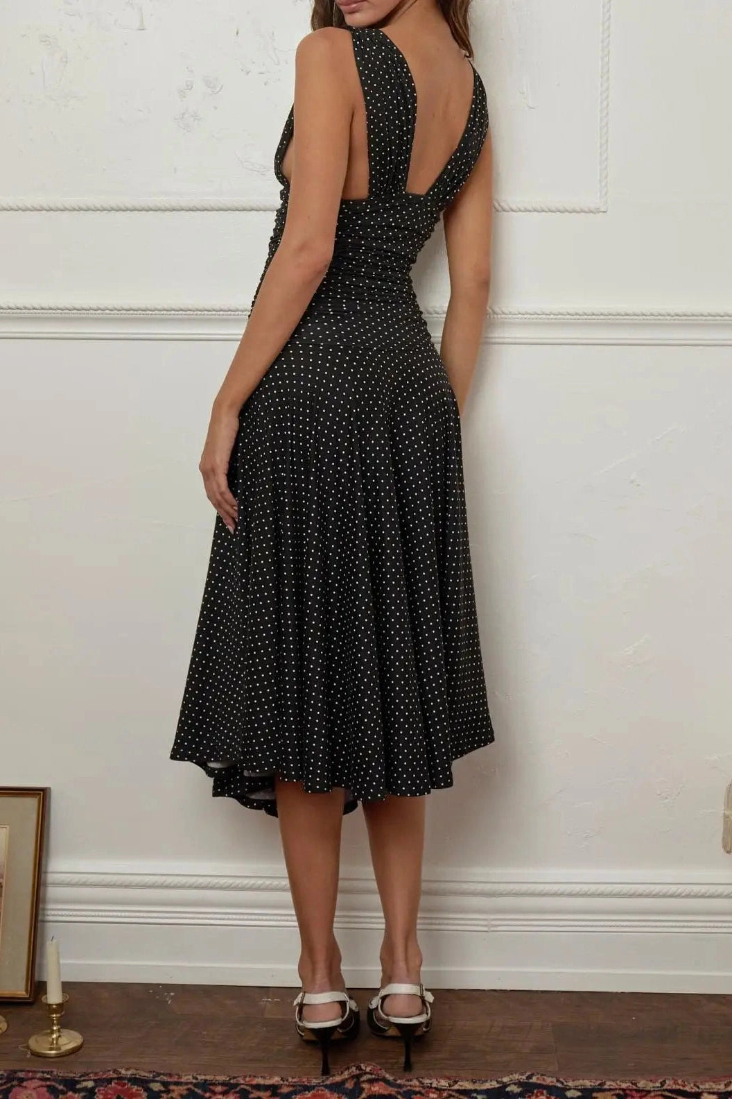 Glorol - Printed Pleated Waist A-Line Sleeveless V-Neck Midi Dress