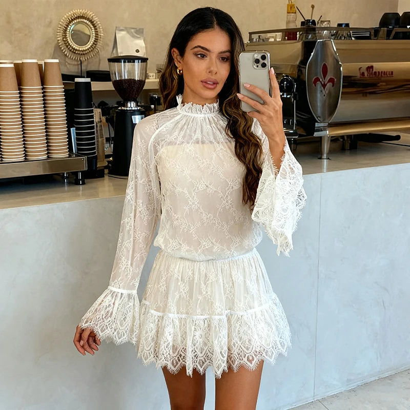 Glorol - See Through Lace Long Sleeve High Waist Mini Dress