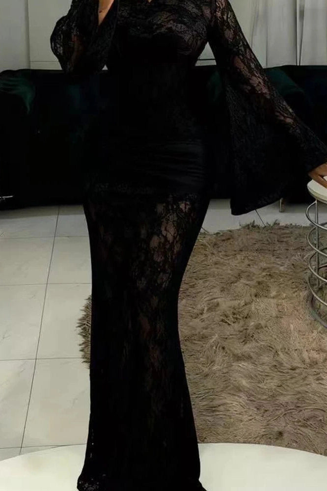 Glorol - Hollow Out Lace Flare Sleeve High Waist Slim Maxi Dress