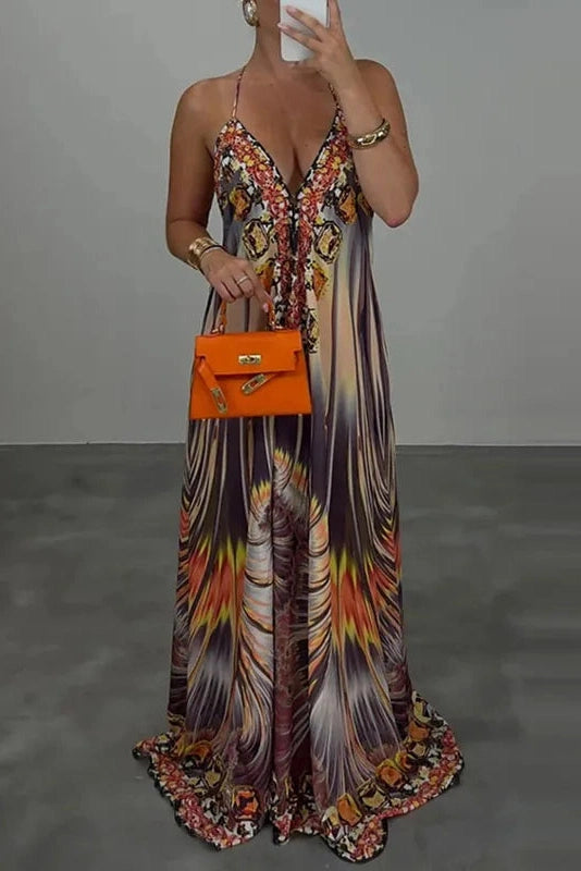 Glorol - Printed High Waist V-Neck Backless Sleeveless Loose Maxi Dress