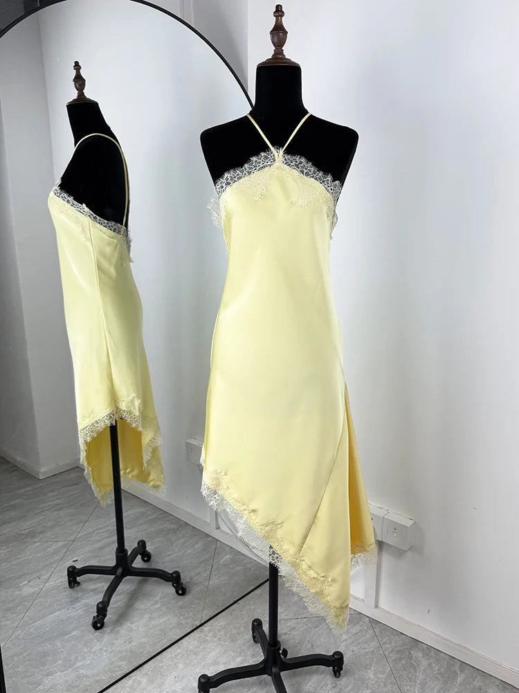 Glorol - Lace Backless Spaghetti Strap Irregular Midi Dress