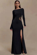 Glorol - Hollow Out Long Sleeve O Neck High Split Bodycon Maxi Dress