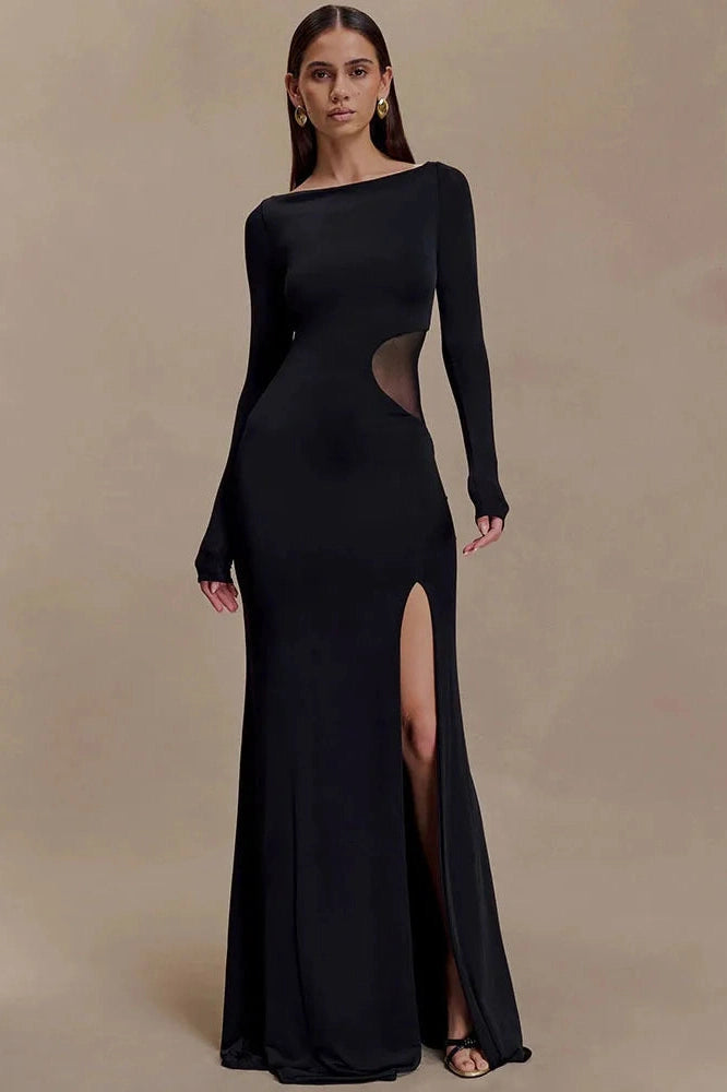 Glorol - Hollow Out Long Sleeve O Neck High Split Bodycon Maxi Dress