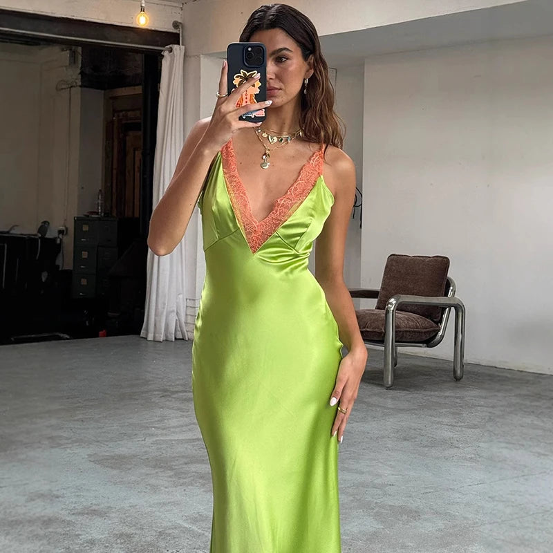 Glorol - Lace Spaghetti Strap Deep V Neck Bodycon Maxi Dress