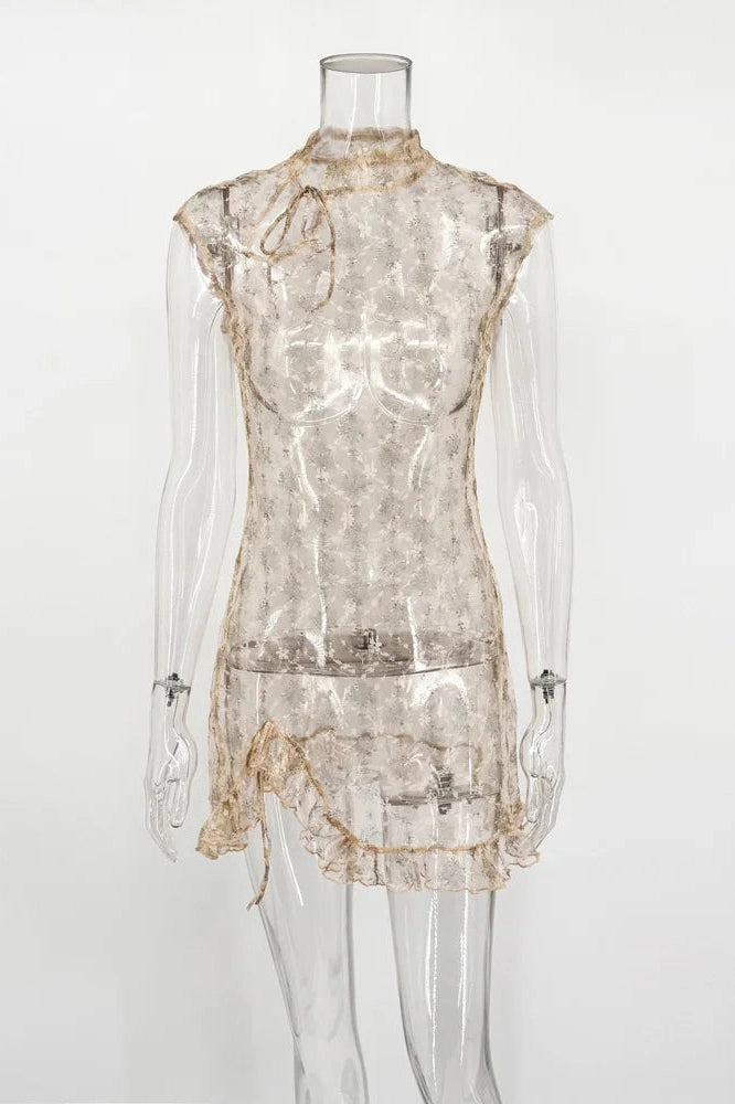 Glorol - Lace Hollow Out Printed Patchwork Bodycon Mini Dress