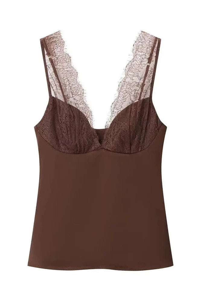 Glorol - Lace V-Neck Backless Patchwork Sleeveless Top