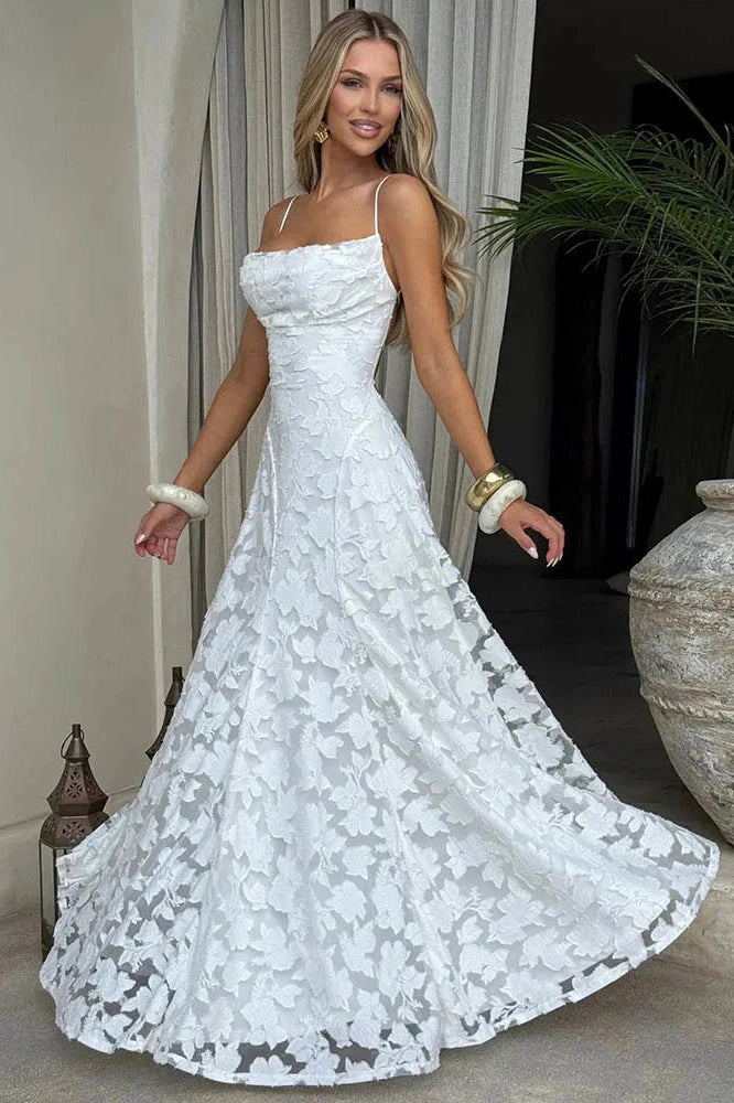 Glorol - Spaghetti Strap Backless Off-Shoulder Sleeveless Lace-Up Maxi Dress