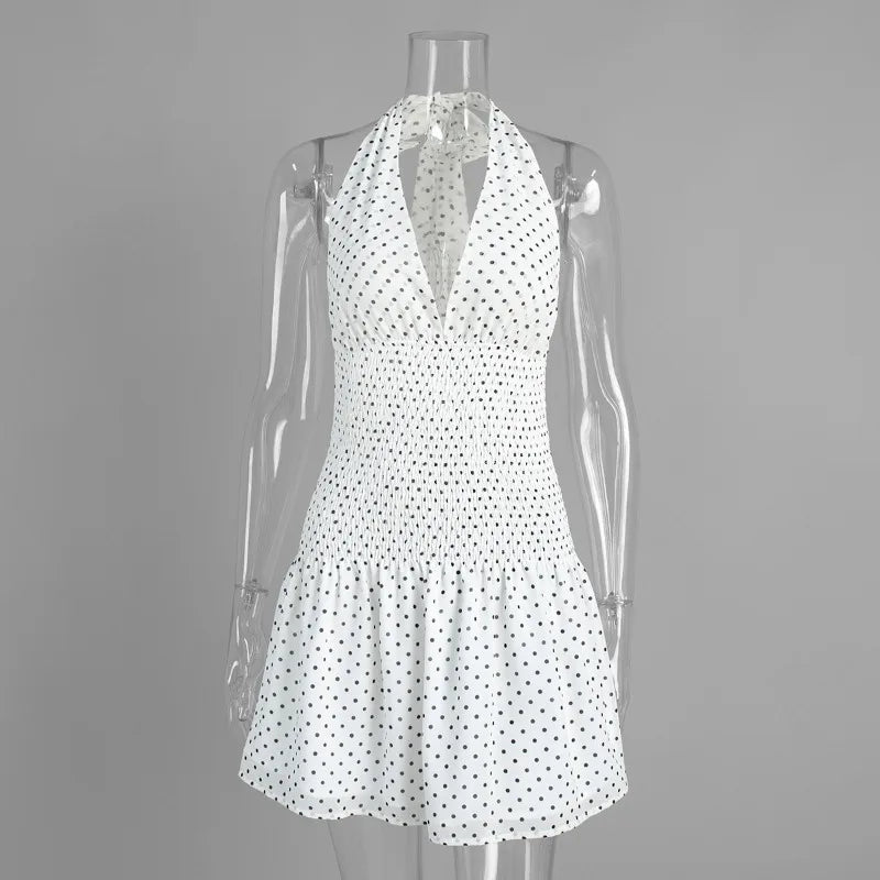 Glorol - Polka Dot Lace Up Halter Neck Mini Dress