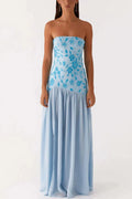 Glorol - Off-Shoulder Split Print Strapless Backless Pleated Maxi Dress