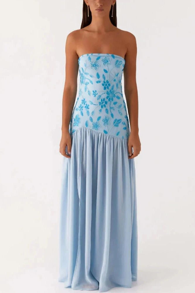 Glorol - Off-Shoulder Split Print Strapless Backless Pleated Maxi Dress