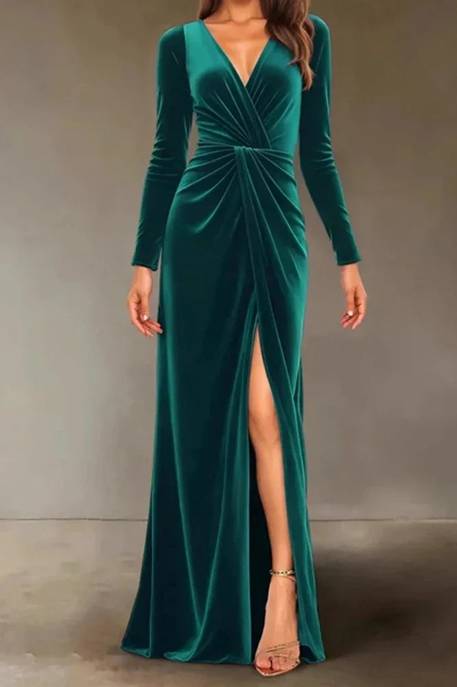 V-Neck Slim High Waist Pleated A-Line Maxi Dress