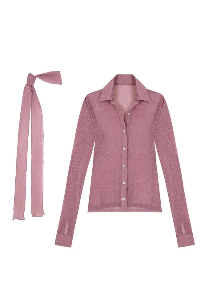 Glorol - See-Through 2 Piece Lace-Up Long Sleeve Top