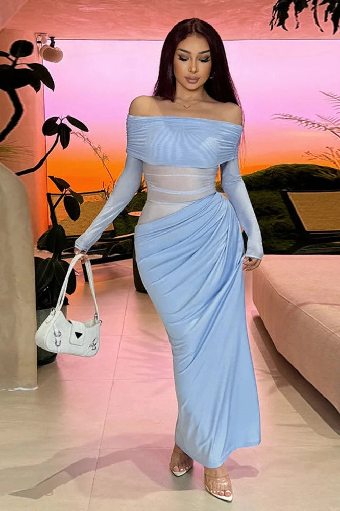 Glorol - Off-shoulder Strapless Long Sleeve See Through Maxi Dress