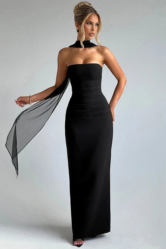 Glorol - Scarf Collar Strapless Off-Shoulder Backless Bodycon Maxi Dress