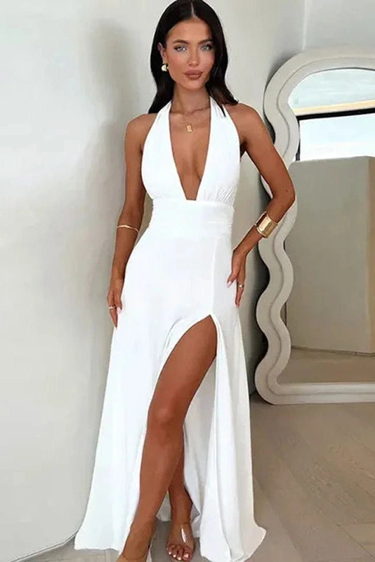 Glorol - Elegant Backless Lace Up High Waist Split Maxi Dress