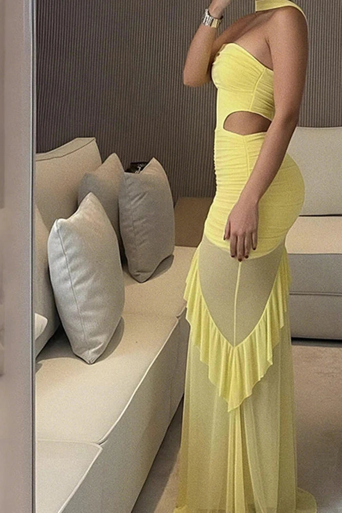 Glorol - Hollow Waist Pleated Sleeveless Slim Maxi Dress
