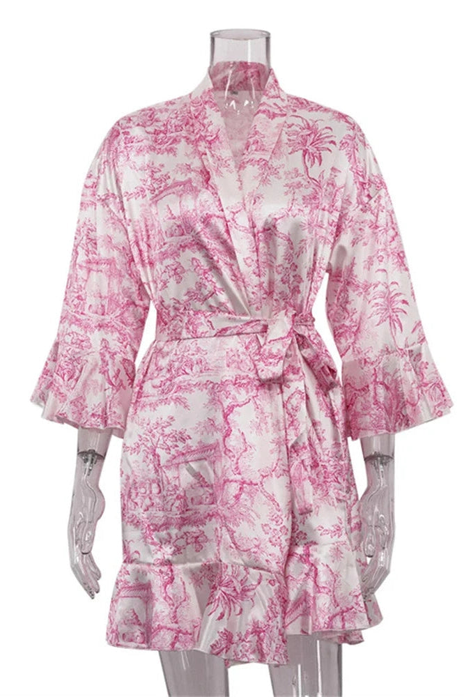 Glorol - Printed Lace-Up V-Neck Patchwork Mini Dress
