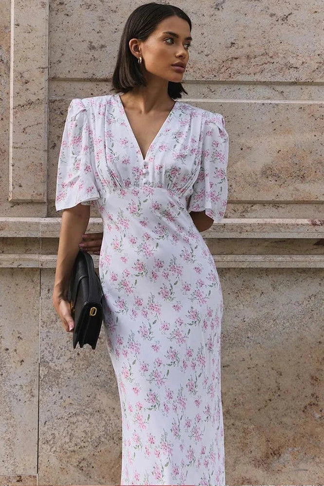 Printed V-Neck Short Sleeve Slim High Waist Maxi Dress