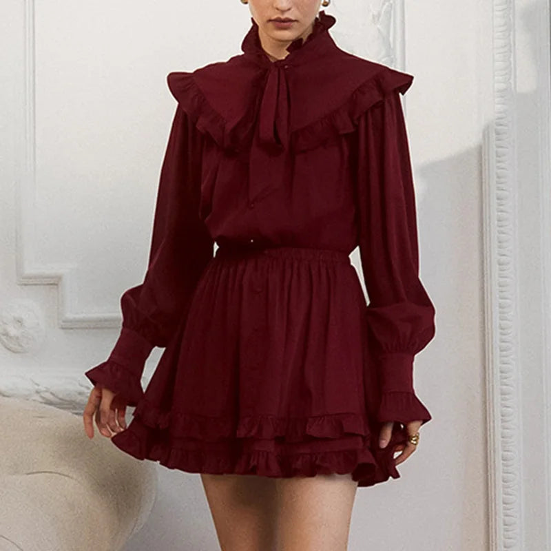 Glorol - Lace Up Button Patchwork Elegant Mini Dress