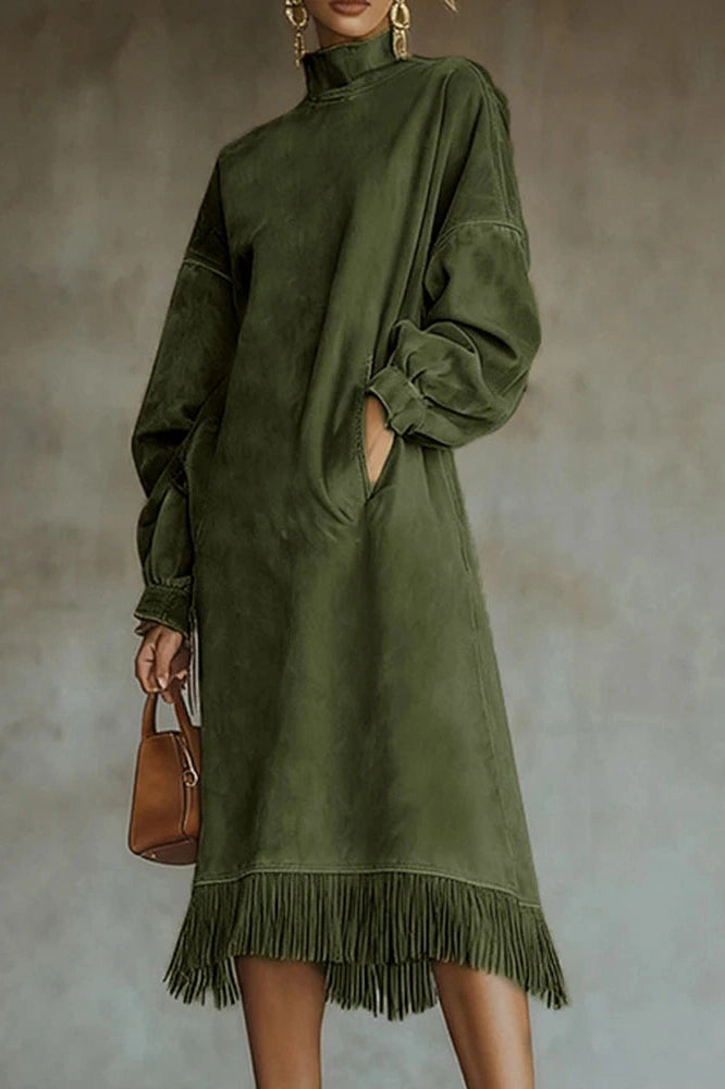 Glorol - Elegant High Collar Loose A-Line High Waist Pocket Midi Dress