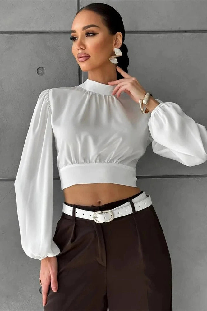Glorol - Backless Long Sleeve Patchwork Top