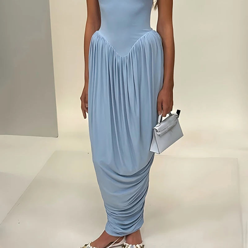 Glorol - Elegant  Pleated High Neck Slit Maxi Dress