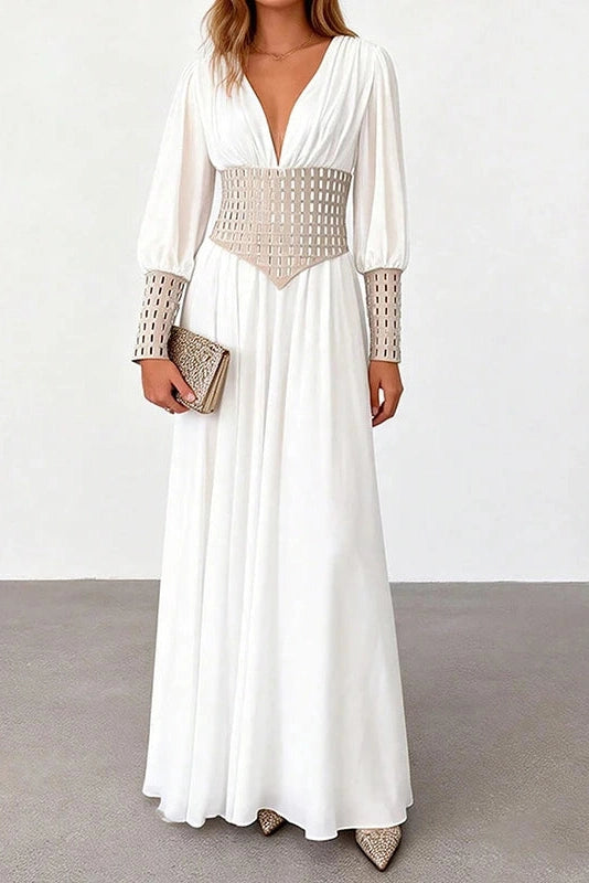 Glorol - Long Sleeve Slim V-Neck High Waist Maxi Dress