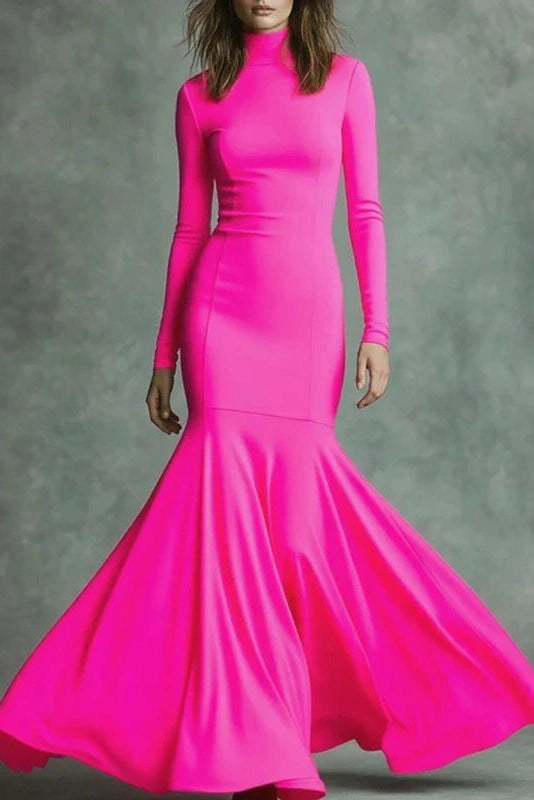 Glorol - Elegant Slim High Waist Turtleneck Long Sleeve Maxi Dress
