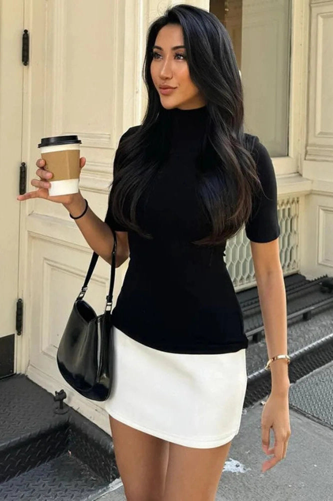 Glorol - High Collar Half Sleeve Patchwork High Waist Mini Dress